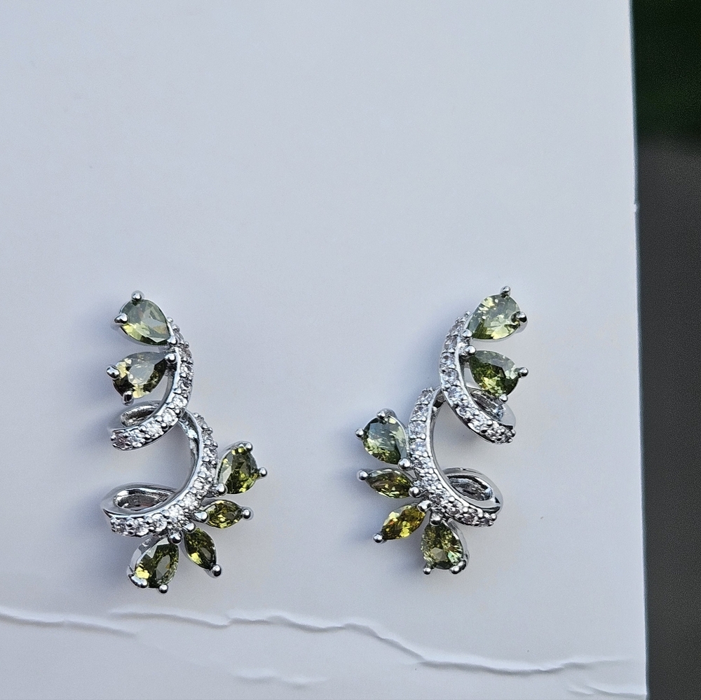 Elegant Silver and Olive Green Earrings